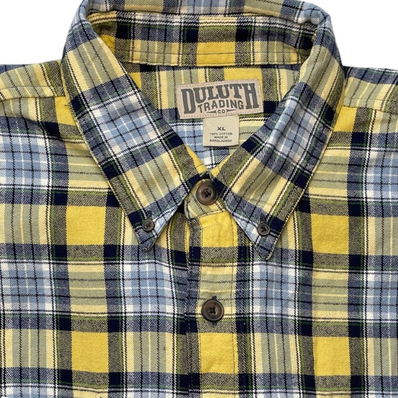 DULUTH Flannel Shirt Button Up Long Sleeve Yellow Blue Plaid Relaxed Mens XL - Picture 3 of 6